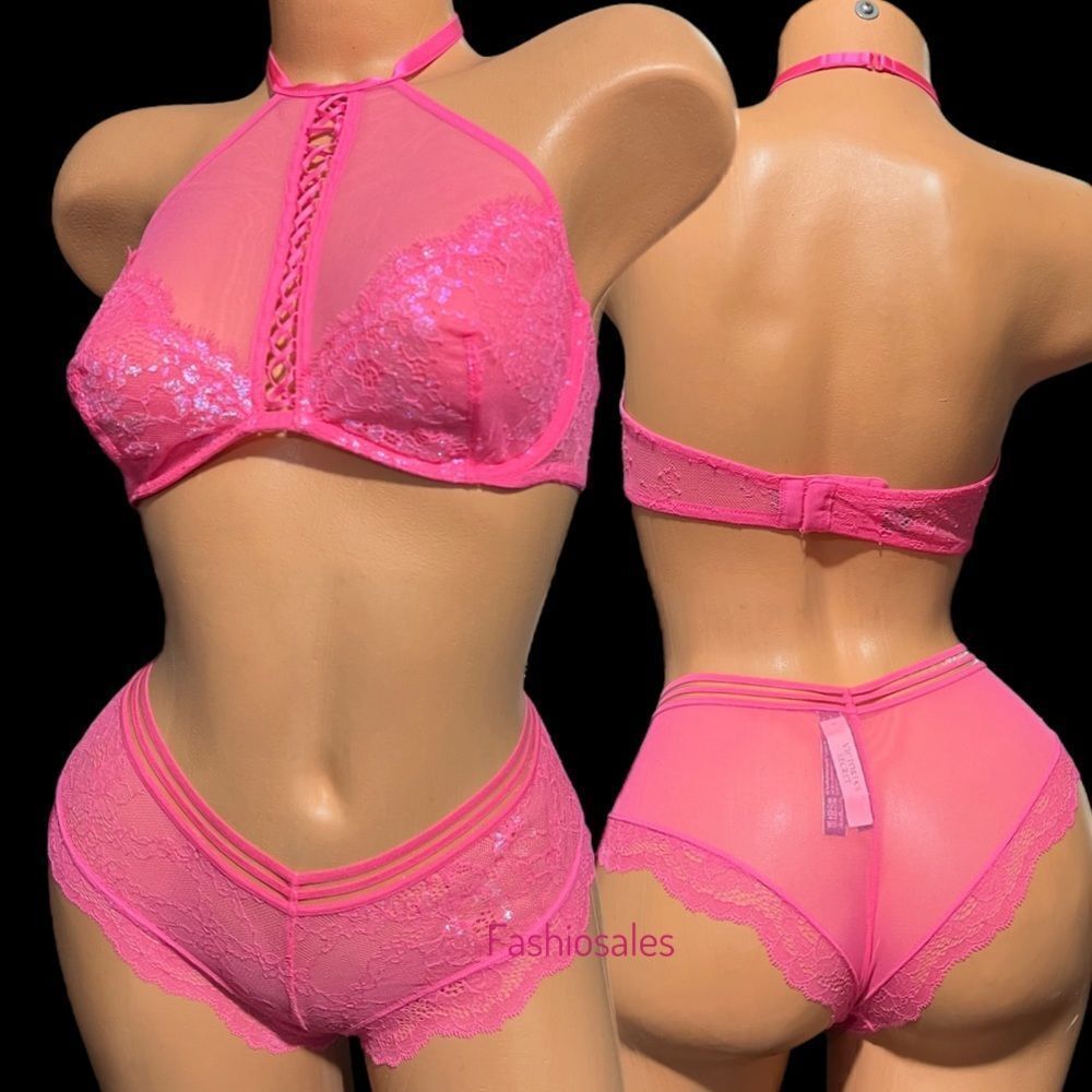 Victorias Secret Very Sexy High Neck Metallic Lace bralette bra & pantyโSet M